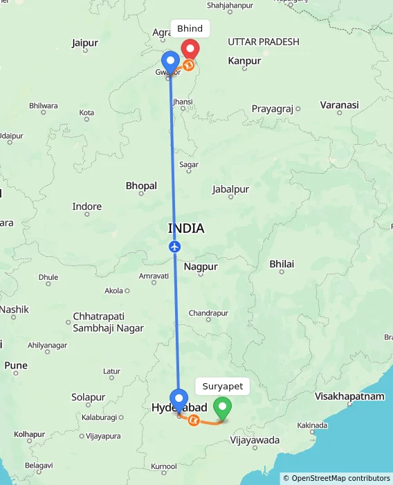 Route map showing distance and travel time from Suryapet, India to Bhind, India