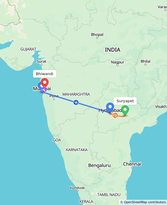 Route map showing distance and travel time from Suryapet, India to Bhiwandi, India