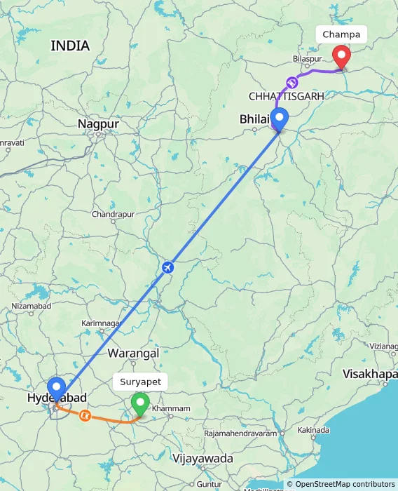 Route map showing distance and travel time from Suryapet, India to Champa, India