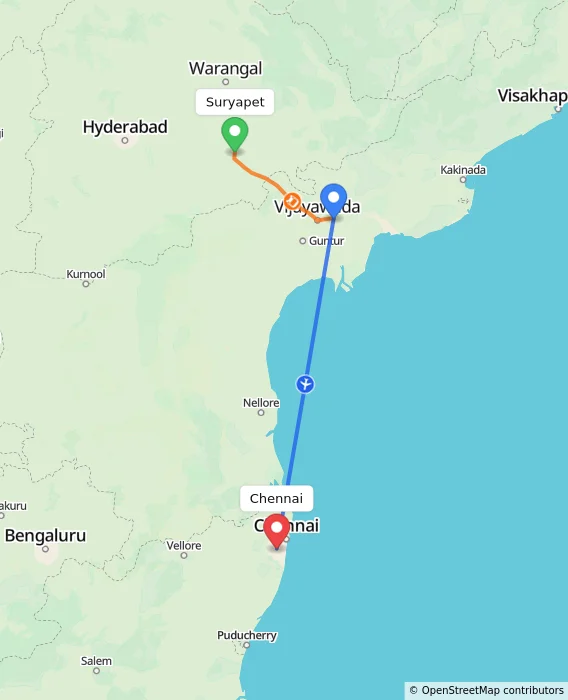 Route map showing distance and travel time from Suryapet, India to Chennai, India