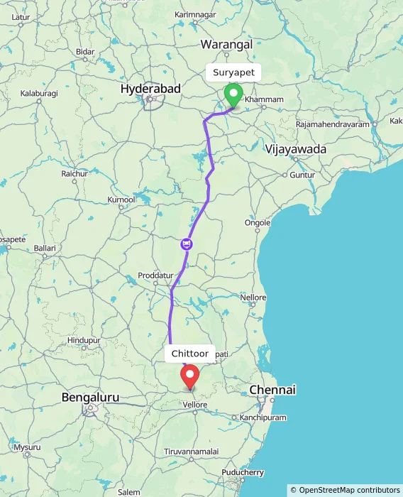 Route map showing distance and travel time from Suryapet, India to Chittoor, India
