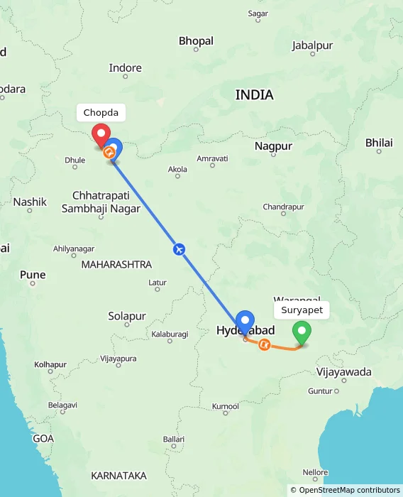 Route map showing distance and travel time from Suryapet, India to Chopda, India