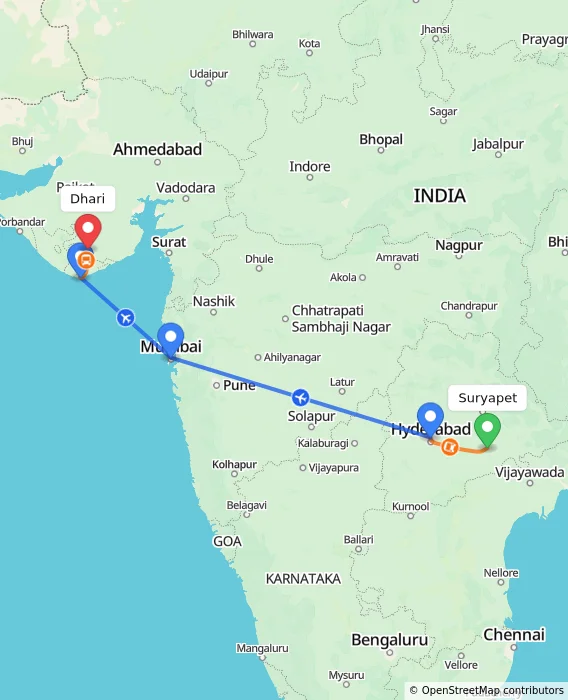 Route map showing distance and travel time from Suryapet, India to Dhari, India