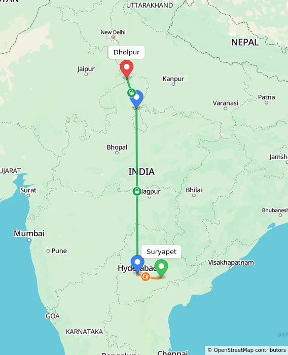 Route map showing distance and travel time from Suryapet, India to Dholpur, India