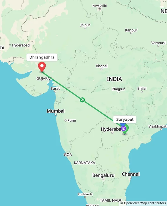 Route map showing distance and travel time from Suryapet, India to Dhrangadhra, India