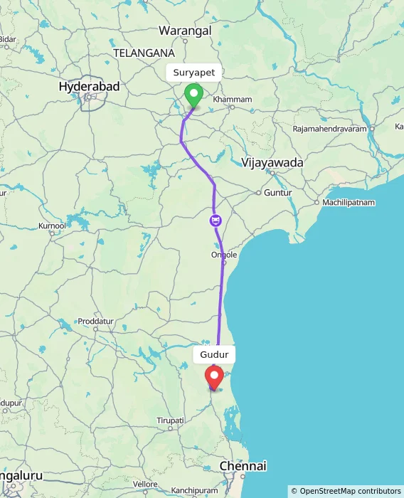 Route map showing distance and travel time from Suryapet, India to Gudur, India