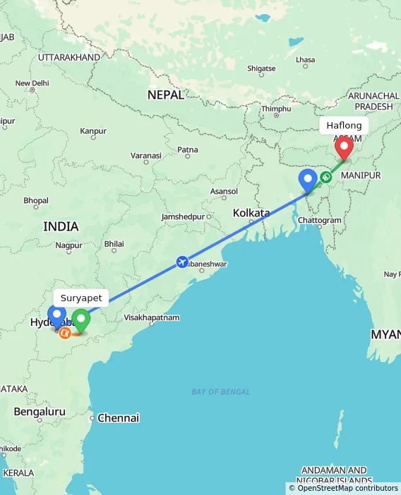 Route map showing distance and travel time from Suryapet, India to Haflong, India