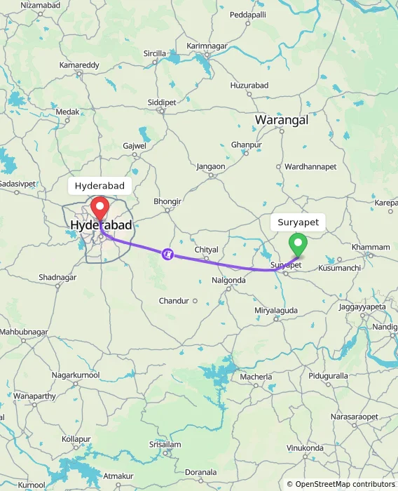 Route map showing distance and travel time from Suryapet, India to Hyderabad, India