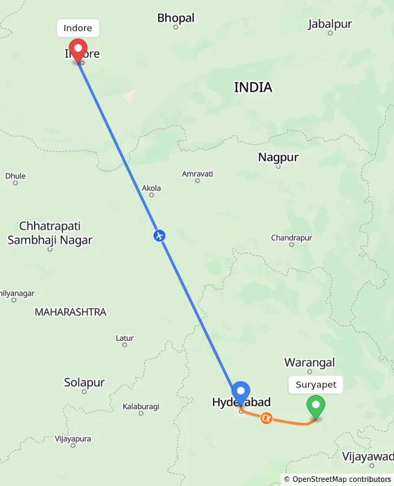 Route map showing distance and travel time from Suryapet, India to Indore, India