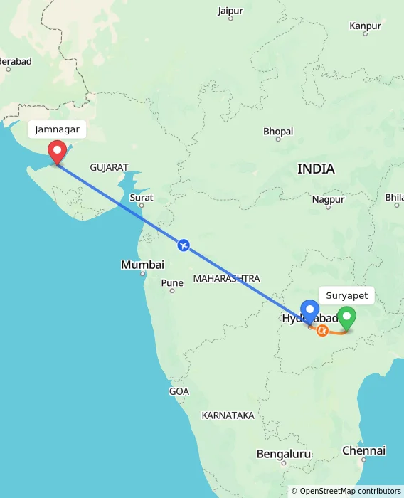 Route map showing distance and travel time from Suryapet, India to Jamnagar, India