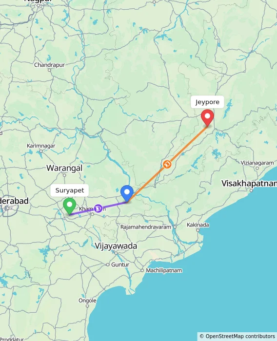Route map showing distance and travel time from Suryapet, India to Jeypore, India