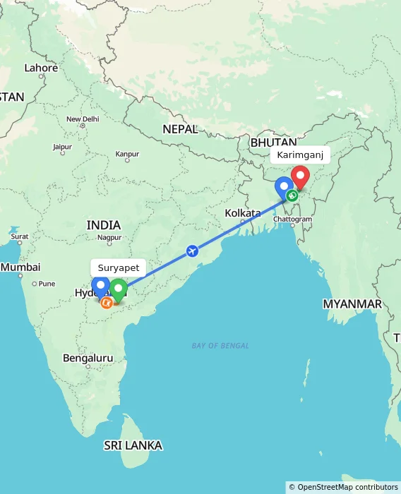 Route map showing distance and travel time from Suryapet, India to Karimganj, India