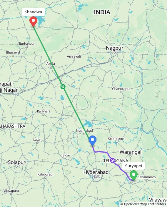 Route map showing distance and travel time from Suryapet, India to Khandwa, India