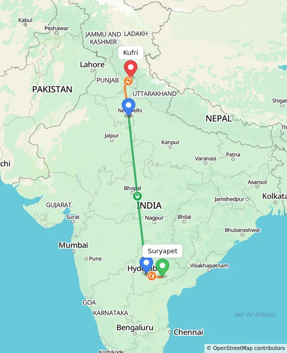 Route map showing distance and travel time from Suryapet, India to Kufri, India