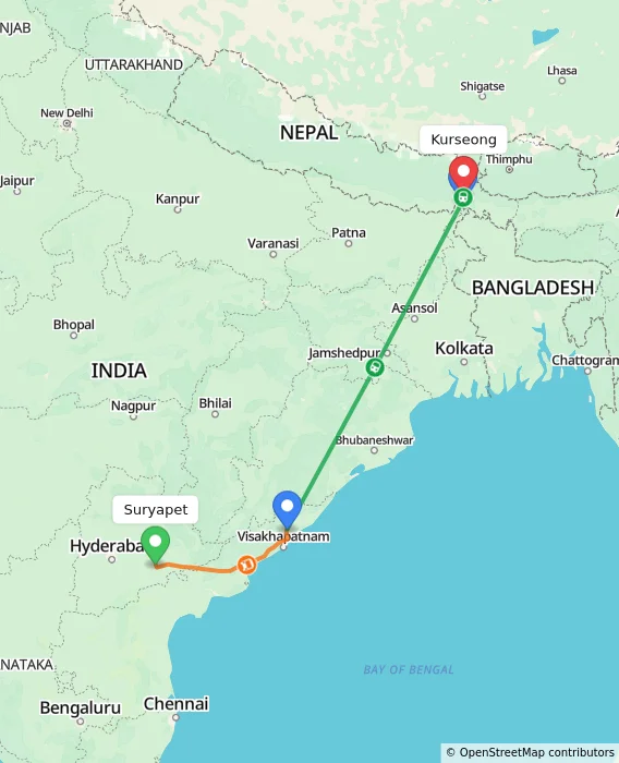 Route map showing distance and travel time from Suryapet, India to Kurseong, India