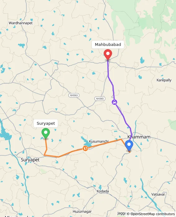 Route map showing distance and travel time from Suryapet, India to Mahbubabad, India