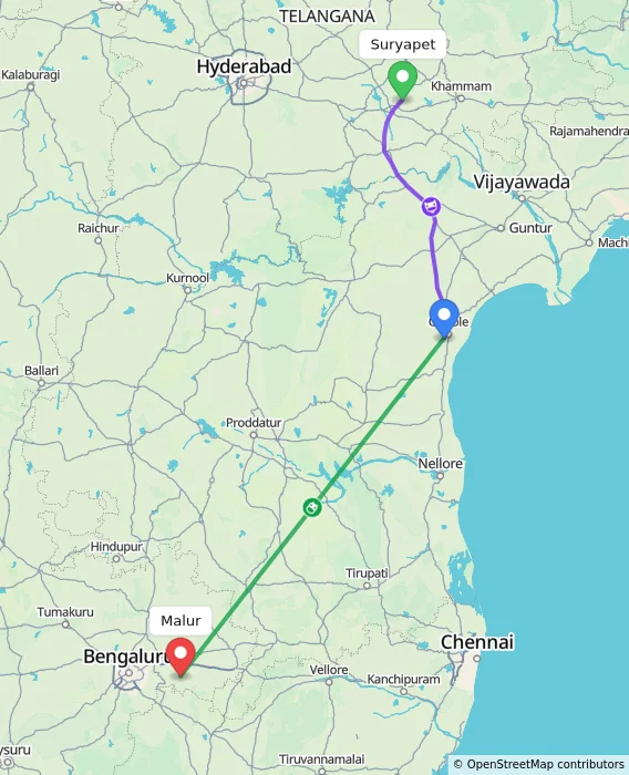 Route map showing distance and travel time from Suryapet, India to Malur, India
