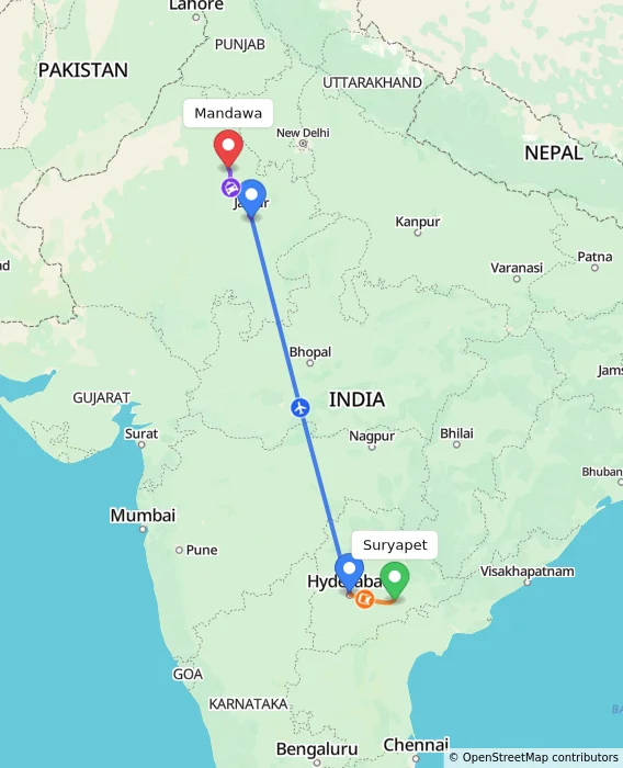 Route map showing distance and travel time from Suryapet, India to Mandawa, India