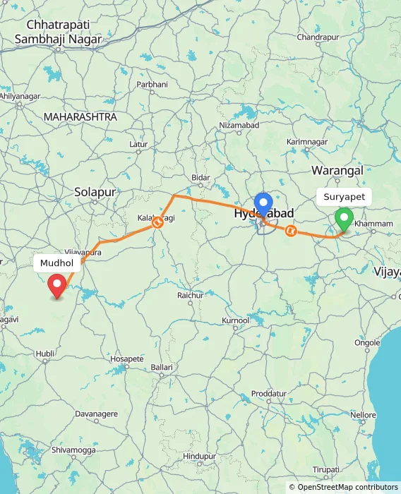 Route map showing distance and travel time from Suryapet, India to Mudhol, India