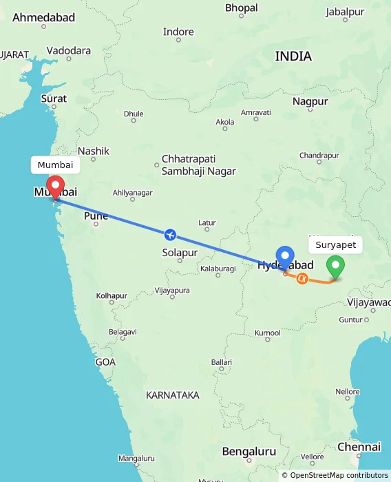 Route map showing distance and travel time from Suryapet, India to Mumbai, India