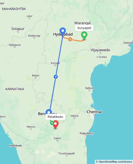 Route map showing distance and travel time from Suryapet, India to Palakkodu, India