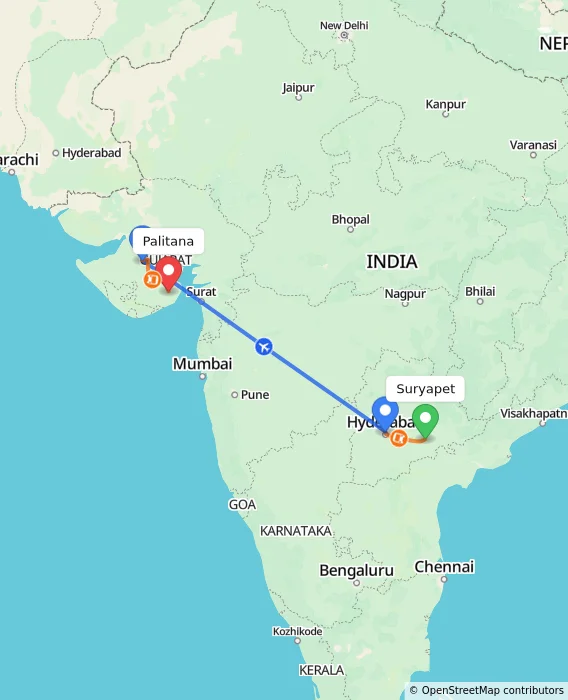 Route map showing distance and travel time from Suryapet, India to Palitana, India