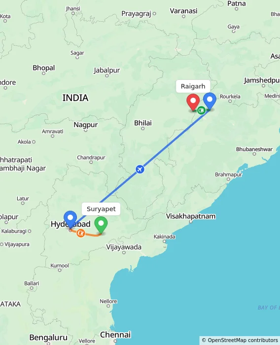Route map showing distance and travel time from Suryapet, India to Raigarh, India