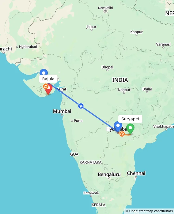 Route map showing distance and travel time from Suryapet, India to Rajula, India