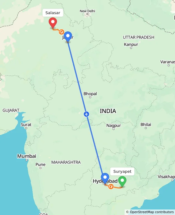 Route map showing distance and travel time from Suryapet, India to Salasar, India