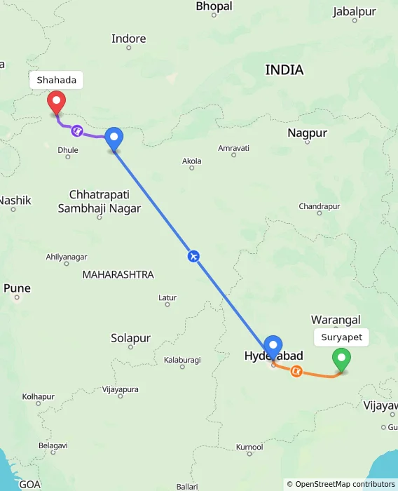Route map showing distance and travel time from Suryapet, India to Shahada, India