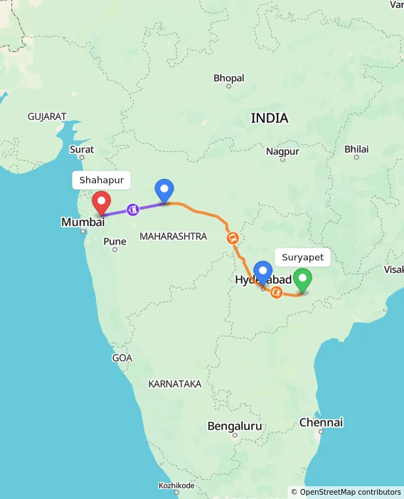 Route map showing distance and travel time from Suryapet, India to Shahapur, India