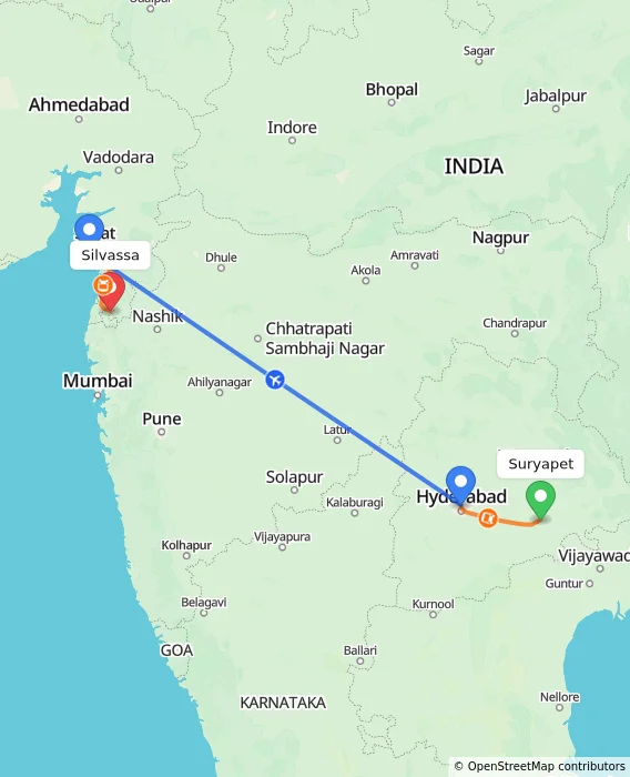 Route map showing distance and travel time from Suryapet, India to Silvassa, India