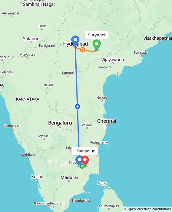 Route map showing distance and travel time from Suryapet, India to Thanjavur, India