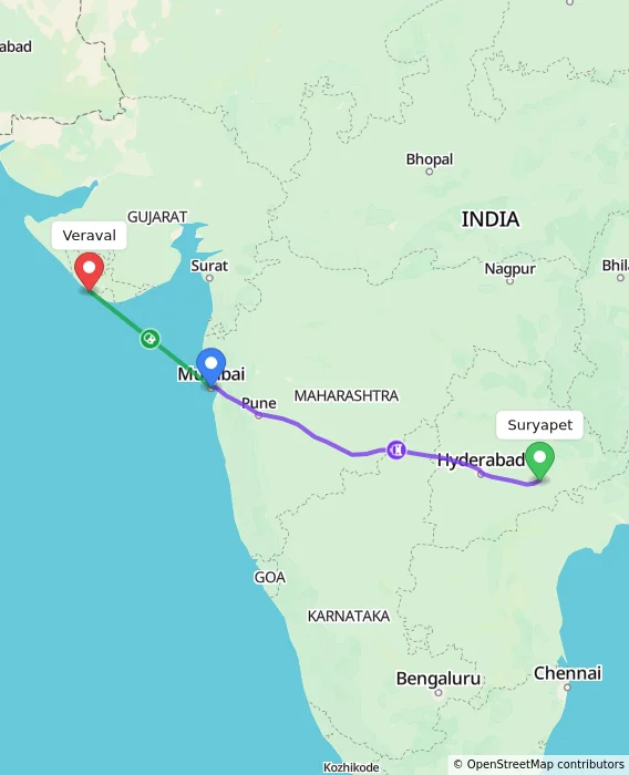 Route map showing distance and travel time from Suryapet, India to Veraval, India