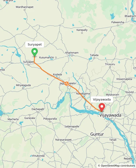 Route map showing distance and travel time from Suryapet, India to Vijayawada, India