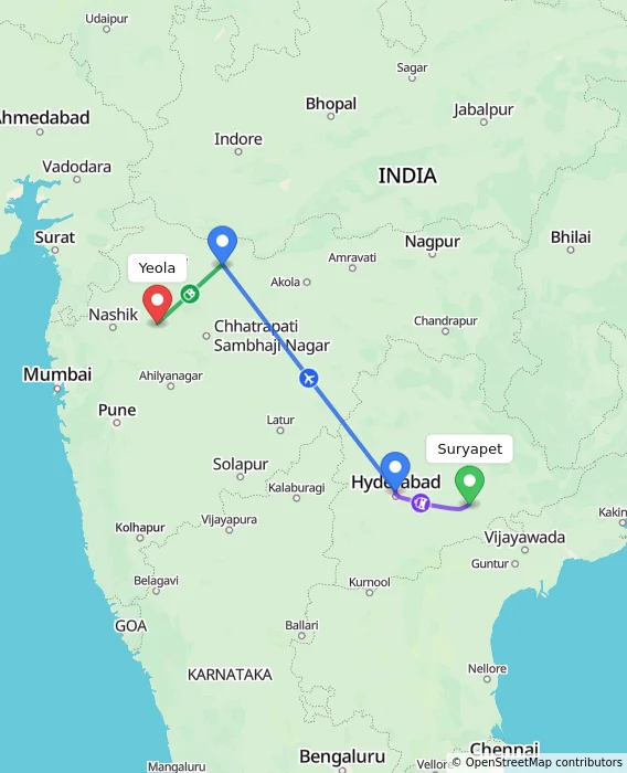 Route map showing distance and travel time from Suryapet, India to Yeola, India