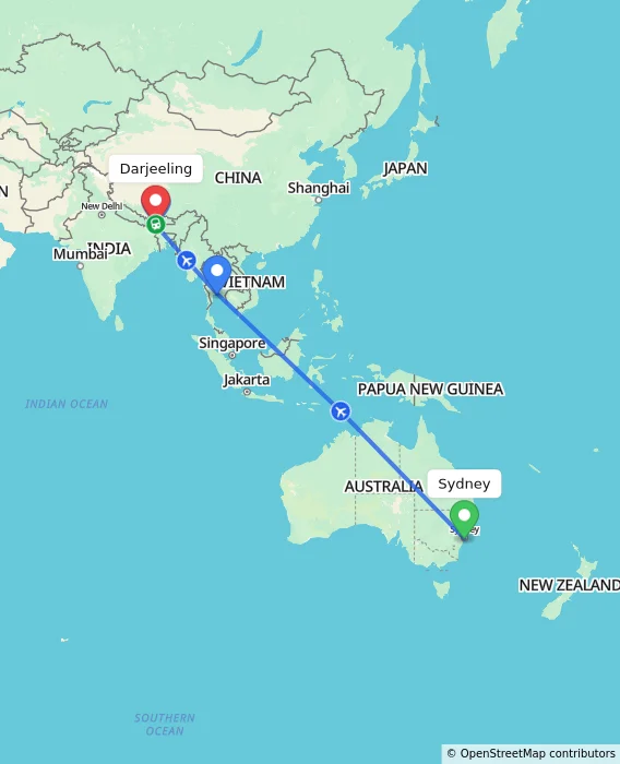 Route map showing distance and travel time from Sydney, Australia to Darjeeling, India