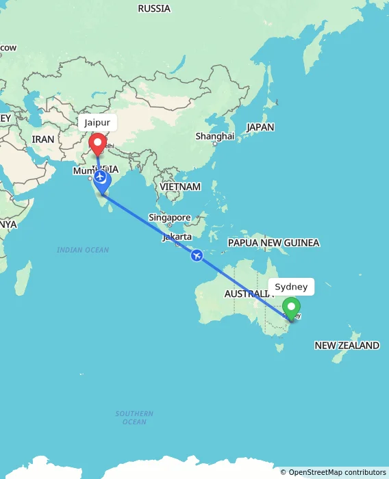 Route map showing distance and travel time from Sydney, Australia to Jaipur, India