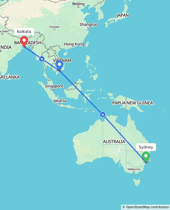 Route map showing distance and travel time from Sydney, Australia to Kolkata, India
