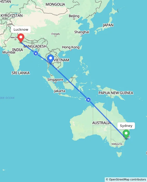Route map showing distance and travel time from Sydney, Australia to Lucknow, India