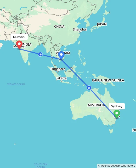 Route map showing distance and travel time from Sydney, Australia to Mumbai, India