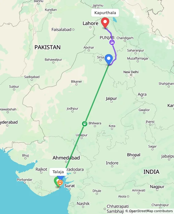 Route map showing distance and travel time from Talaja, India to Kapurthala, India