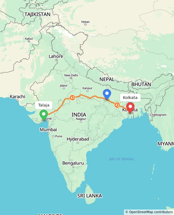 Route map showing distance and travel time from Talaja, India to Kolkata, India