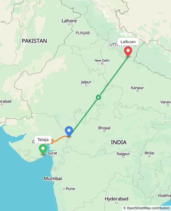 Route map showing distance and travel time from Talaja, India to Lalkuan, India