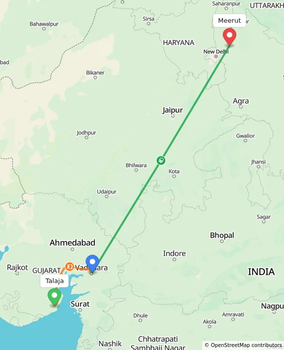 Route map showing distance and travel time from Talaja, India to Meerut, India