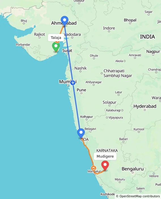 Route map showing distance and travel time from Talaja, India to Mudigere, India