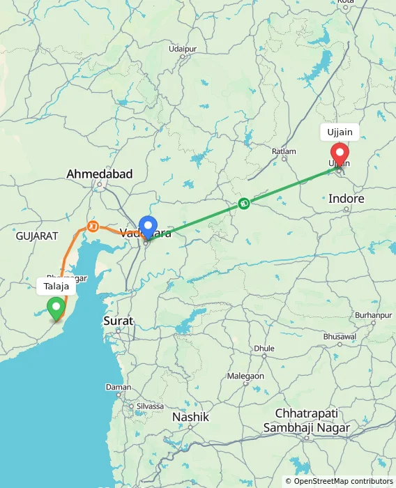 Route map showing distance and travel time from Talaja, India to Ujjain, India