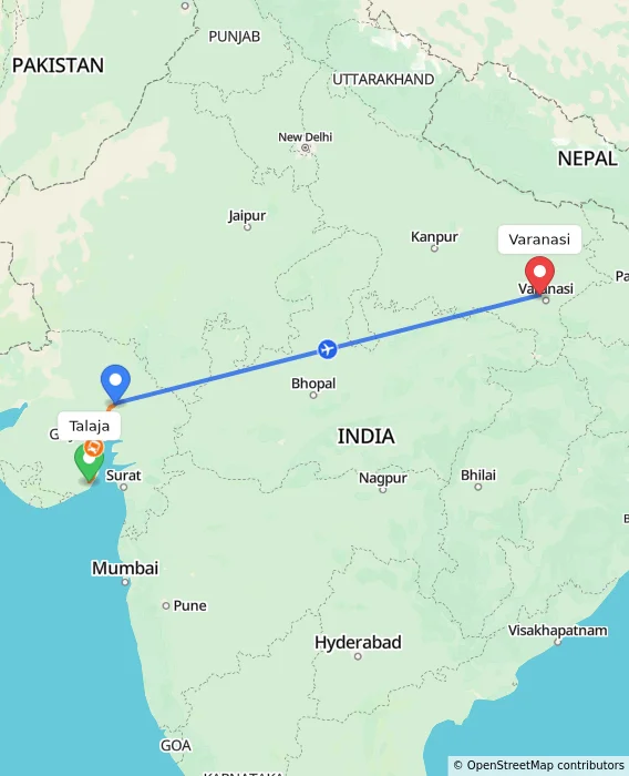 Route map showing distance and travel time from Talaja, India to Varanasi, India