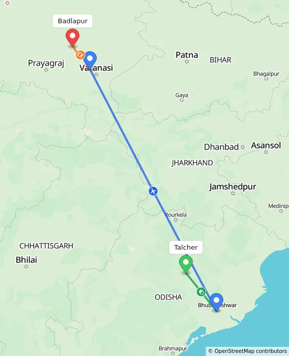 Route map showing distance and travel time from Talcher, India to Badlapur, India