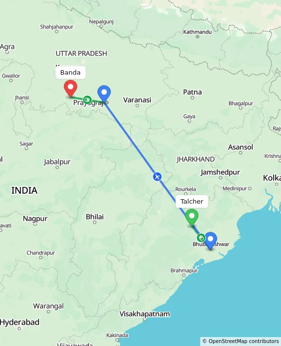 Route map showing distance and travel time from Talcher, India to Banda, India